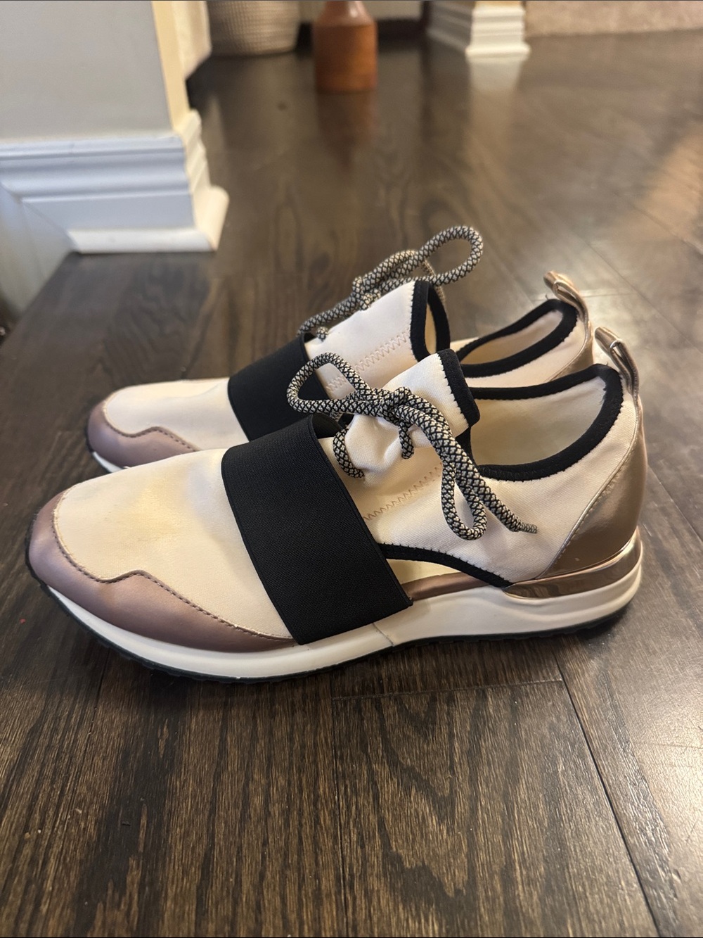 Aldo Cream and Rose Gold Metallic Slip-On Sneakers with Black Strap